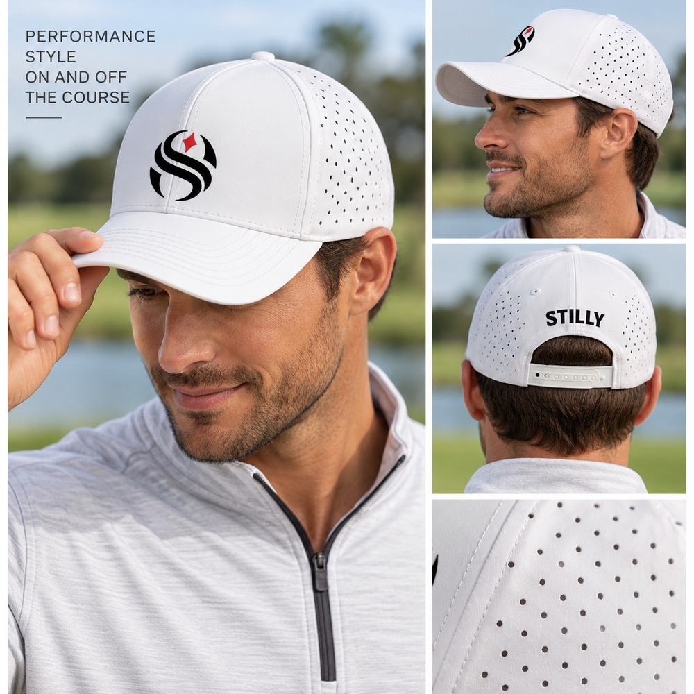 Stilly Mens Performance Golf Hat White Perforated Snapback Cap Adjustable